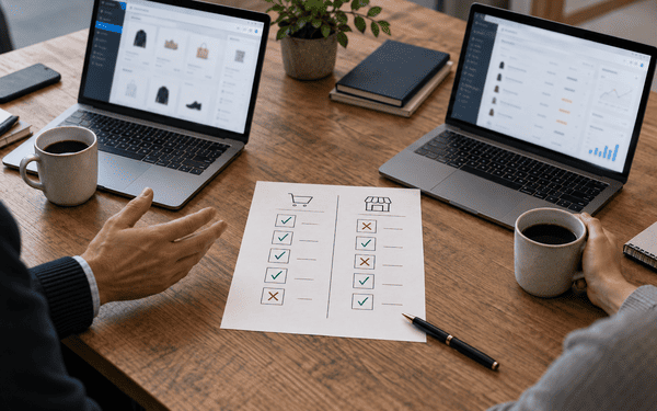Table de réunion avec deux ordinateurs portables et un schéma comparatif dessiné à la main, illustrant l'arbitrage entre Sylius et PrestaShop pour un projet e-commerce