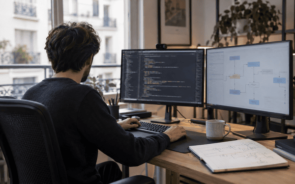 Poste de travail de développeur avec deux écrans affichant du code et un schéma d'architecture, illustrant les compétences Symfony et API mobilisées sur un projet Sylius