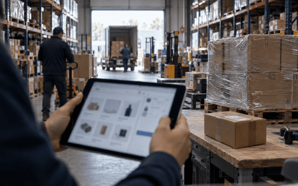 Tablette affichant un portail de commande dans un entrepôt de distribution, illustrant une plateforme Sylius qui sert à la fois des clients professionnels et particuliers