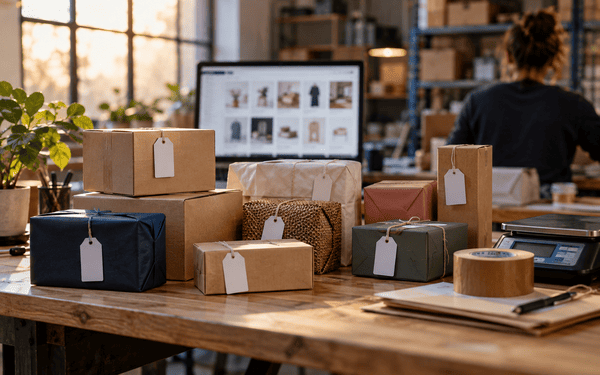 Banc de préparation avec des colis de plusieurs vendeurs et un écran affichant un catalogue multi-vendeurs, illustrant une marketplace développée sous Sylius