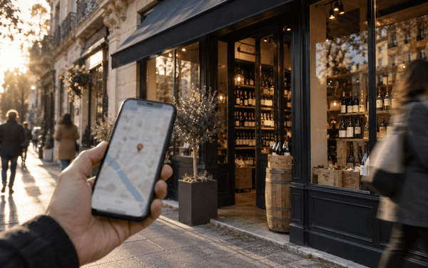 Main tenant un smartphone affichant une carte devant la vitrine d'une cave à vin, illustrant la recherche locale d'un caviste
