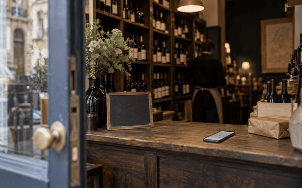 Comptoir d'une cave à vin avec casiers de bouteilles et téléphone posé, illustrant un site qui donne envie de venir en boutique